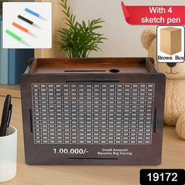 Wooden Money  Piggy Bank Money Box (1 Pc  4 Sketch Pen)
