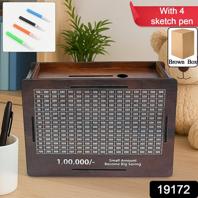 Wooden Money  Piggy Bank Money Box (1 Pc  4 Sketch Pen)