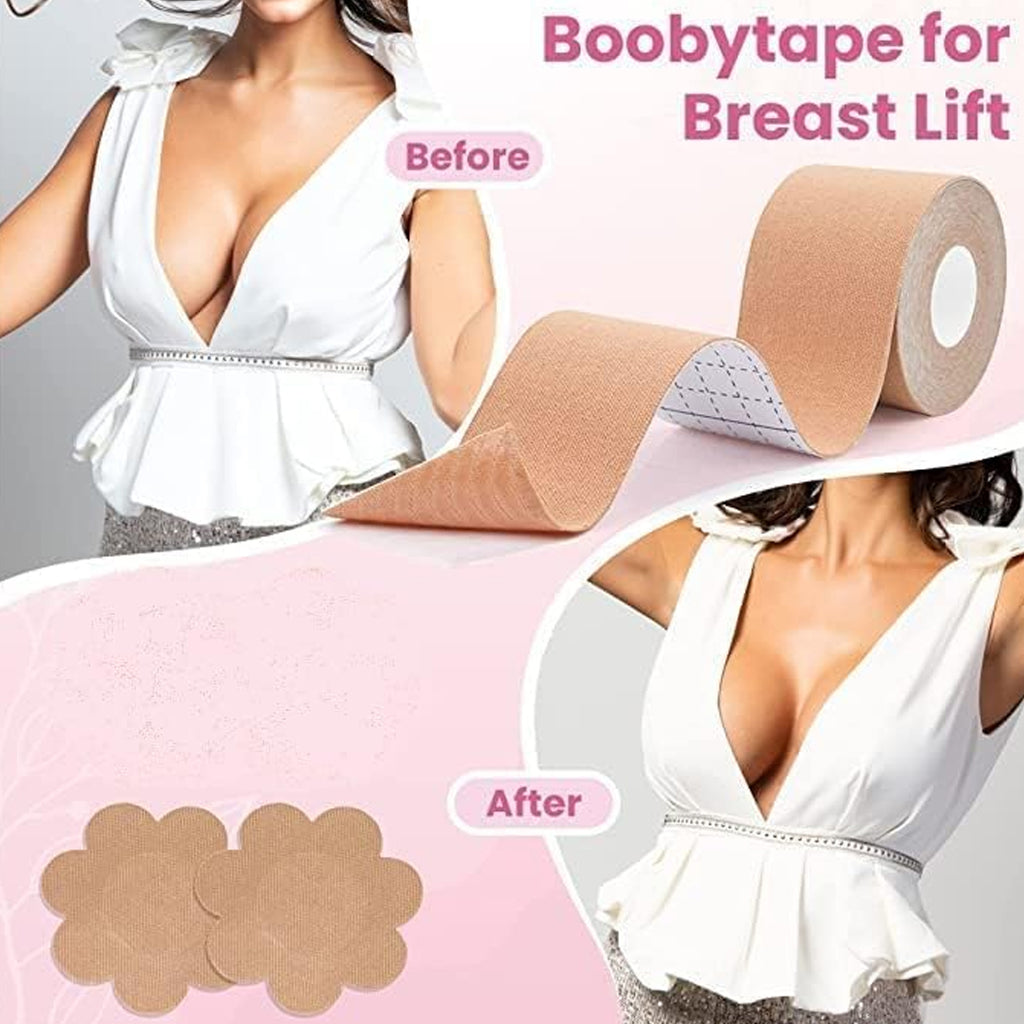 Boob Tape With 10 Pairs Nipple Cover Cotton Wide Thin Breast Tape - Womens  Girls Breast Lift Booby Tape - Push Up  Lifting Tape - Suitable For All Breast Types - Breast Lift Bra Tape - Bob Tape For Natural Breast Lift (1 Pc 5 Meters)